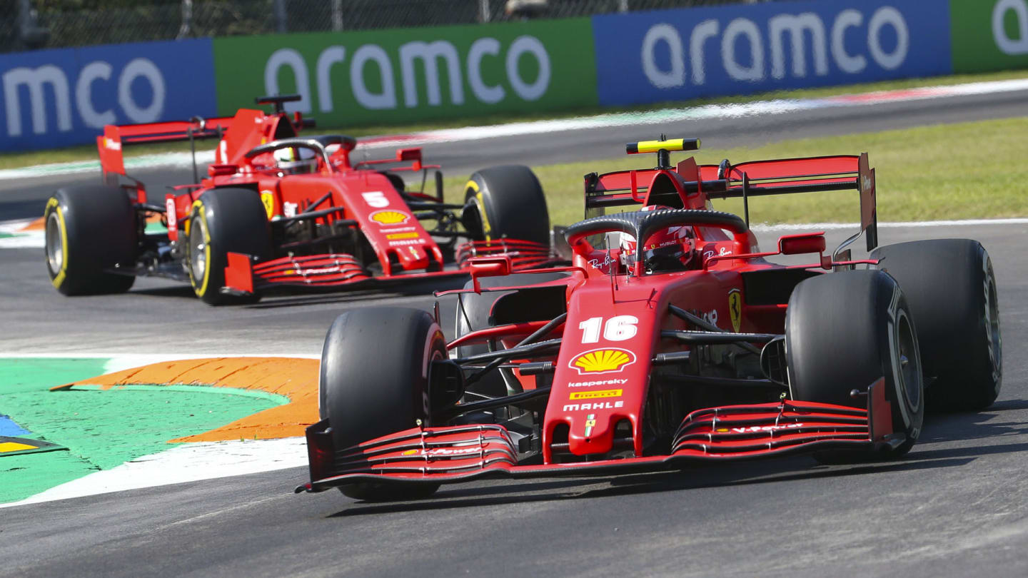 Monaco's Formula One driver Charles Leclerc of Scuderia Ferrari (R) and German Formula One driver Sebastian Vettel of Scuderia Ferrari (L) in action during the first practice session of the Formula One Grand Prix of Italy at the Monza race track, Monza, Italy 04 September 2020. The 2020 Formula One Grand Prix of Italy will take place on 06 September 2020.