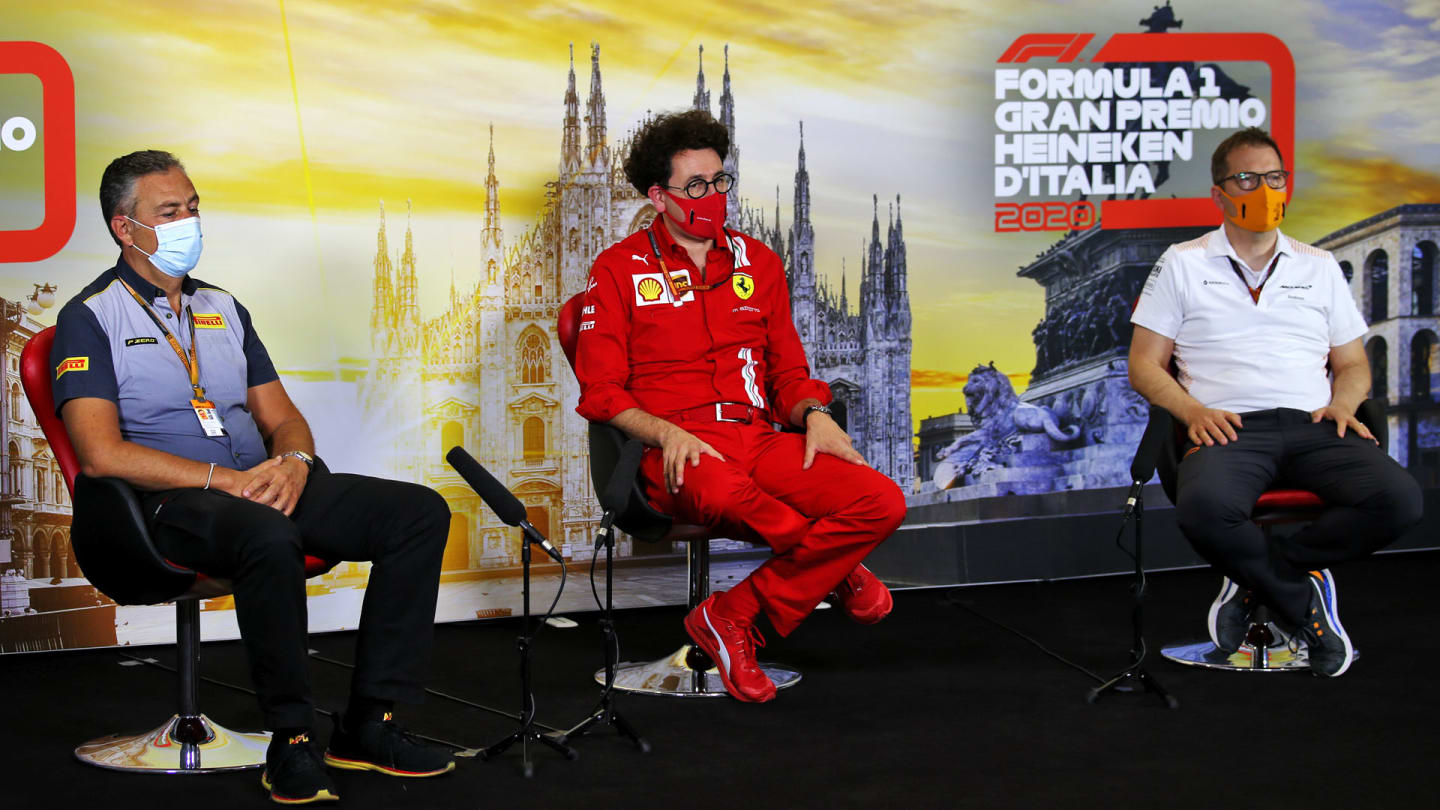 The FIA Press Conference (L to R): Mario Isola (ITA) Pirelli Racing Manager; Mattia Binotto (ITA) Ferrari Team Principal; Andreas Seidl, McLaren Managing Director.
04.09.2020. Formula 1 World Championship, Rd 8, Italian Grand Prix, Monza, Italy, Practice Day.
- www.xpbimages.com, EMail: requests@xpbimages.com © Copyright: 
FIA Pool Image for Editorial Use Only