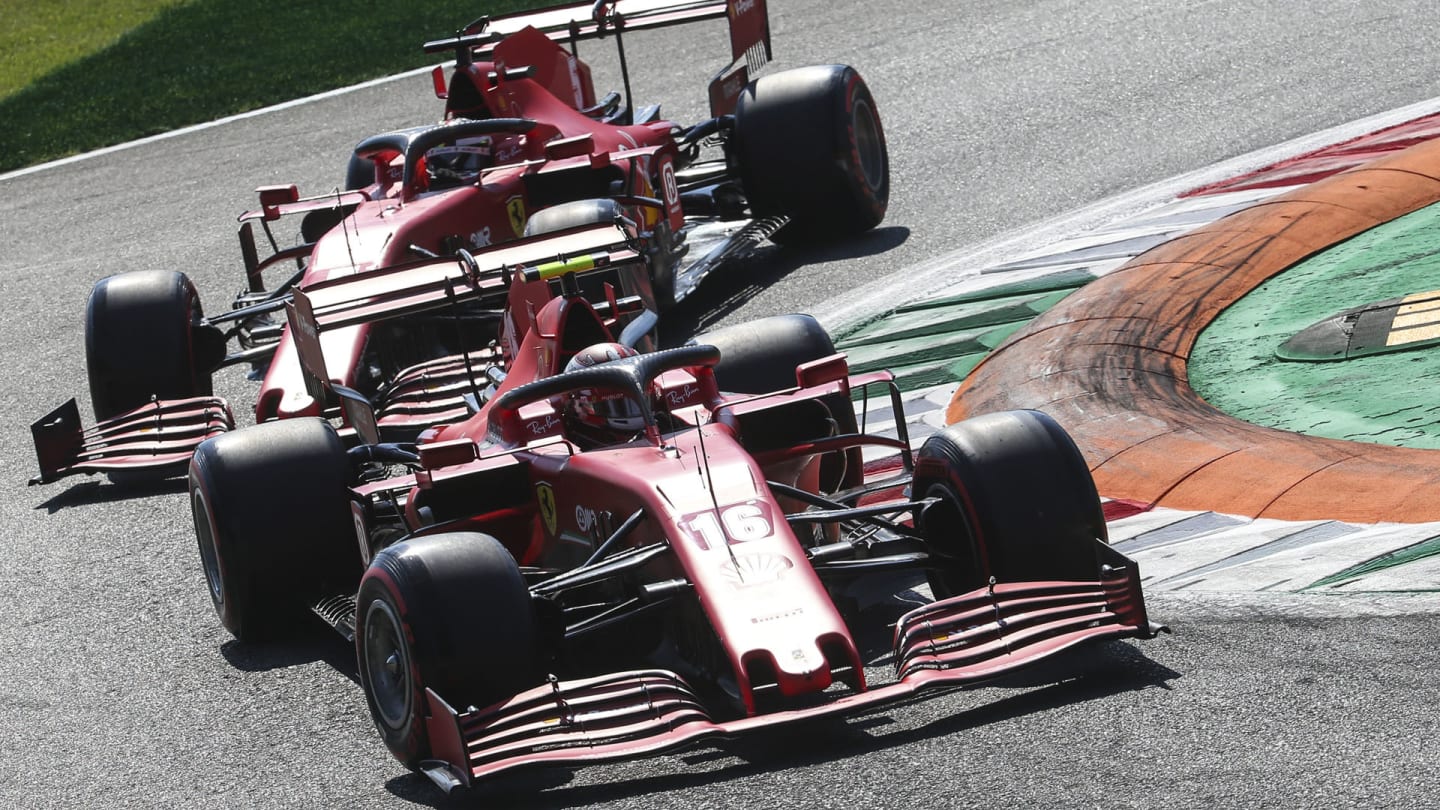 Monaco's Formula One driver Charles Leclerc of Scuderia Ferrari (R) and German Formula One driver Sebastian Vettel of Scuderia Ferrari (L) in action during the qualifying session of the Formula One Grand Prix of Italy at the Monza race track, Monza, Italy 05 September 2020. The 2020 Formula One Grand Prix of Italy will take place on 06 September 2020.


