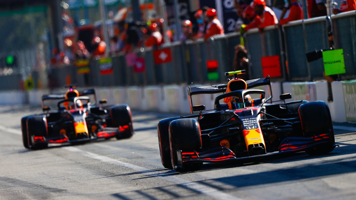 Alexander Albon, Red Bull Racing RB16, leads Max Verstappen, Red Bull Racing