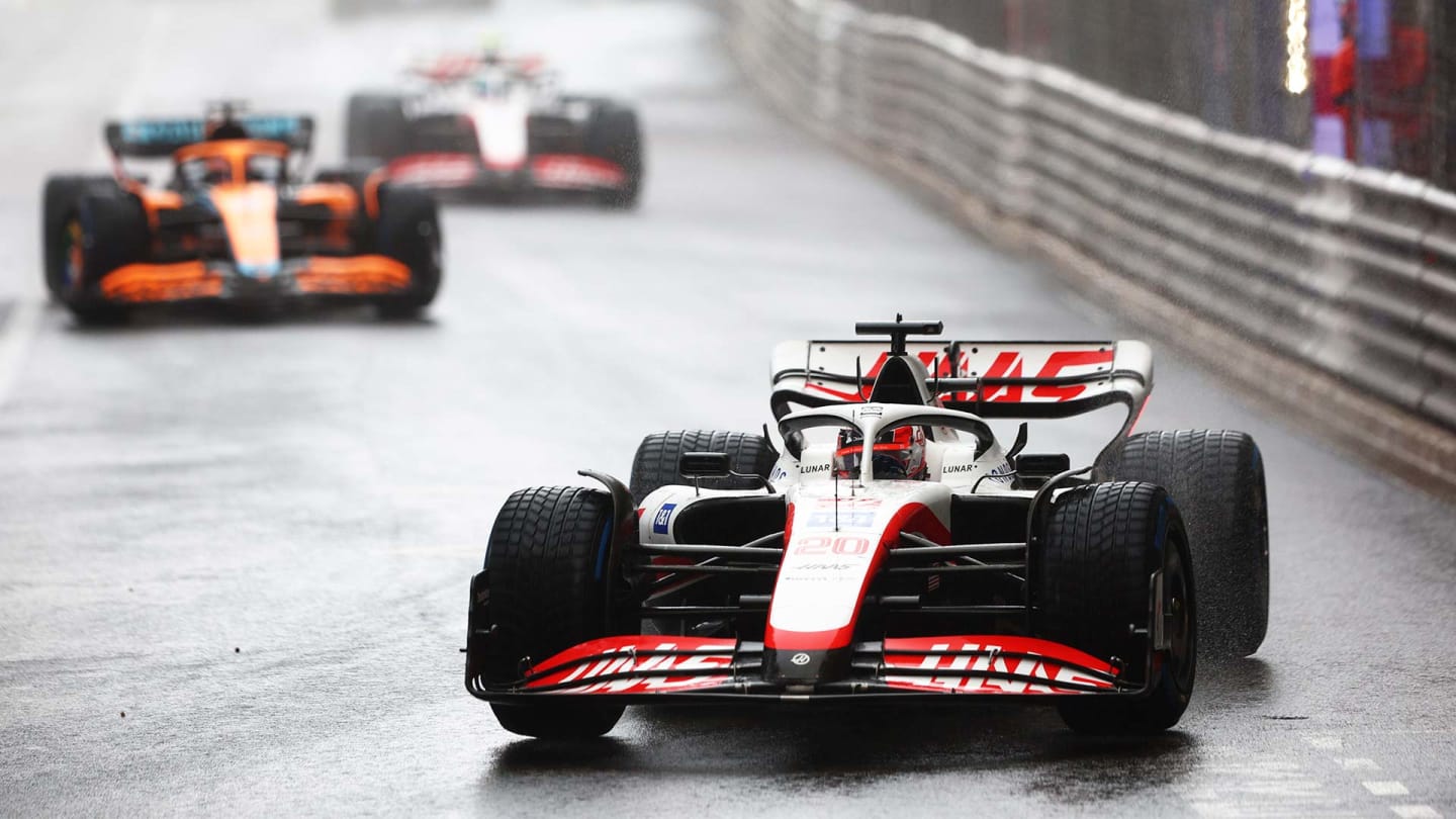 MONTE-CARLO, MONACO - MAY 29: Kevin Magnussen of Denmark driving the (20) Haas F1 VF-22 Ferrari on a formation lap in the rain during the F1 Grand Prix of Monaco at Circuit de Monaco on May 29, 2022 in Monte-Carlo, Monaco. (Photo by Clive Rose/Getty Images)