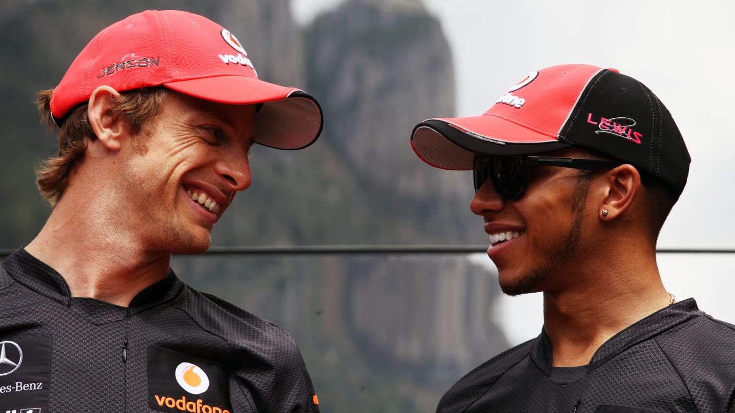 (L to R): Jenson Button (GBR) McLaren and  team mate Lewis Hamilton (GBR) McLaren.

Formula One