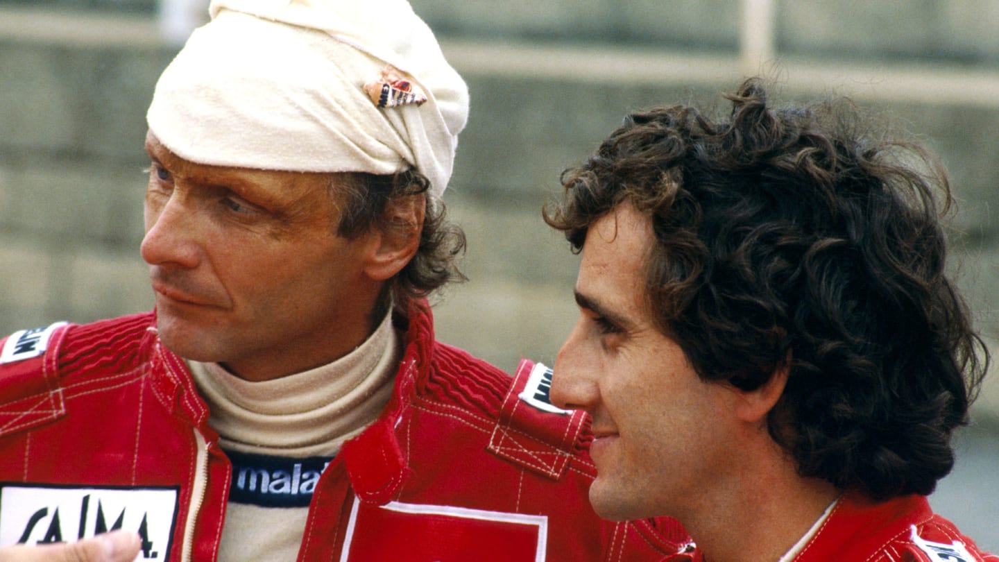 (L to R): Race winner Niki Lauda (AUT) talks with his McLaren team mate Alain Prost (FRA), who
