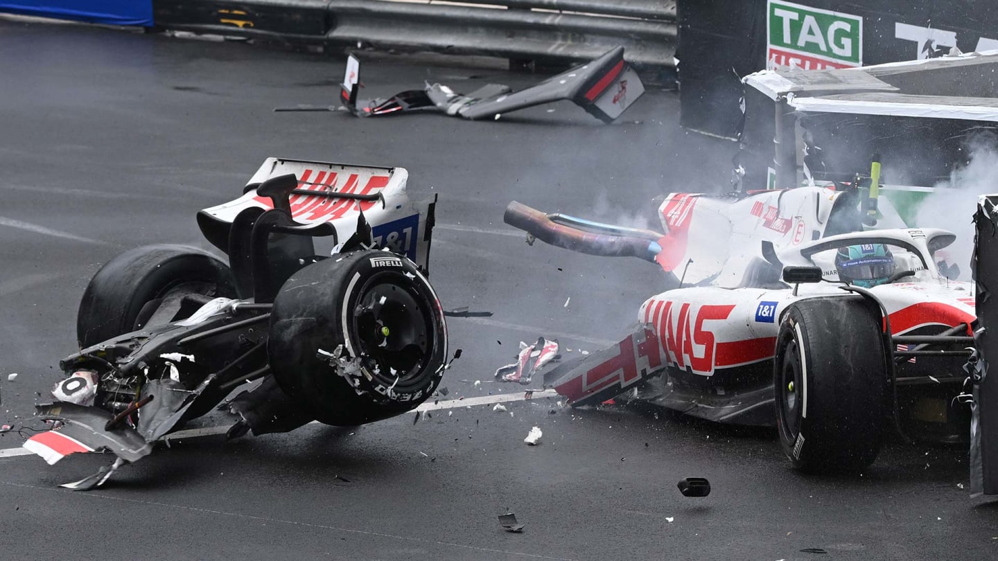TOPSHOT - Haas F1 Team's German driver Mick Schumacher crashes during the Monaco Formula 1 Grand Prix at the Monaco street circuit in Monaco, on May 29, 2022. (Photo by CHRISTIAN BRUNA / POOL / AFP) (Photo by CHRISTIAN BRUNA/POOL/AFP via Getty Images)