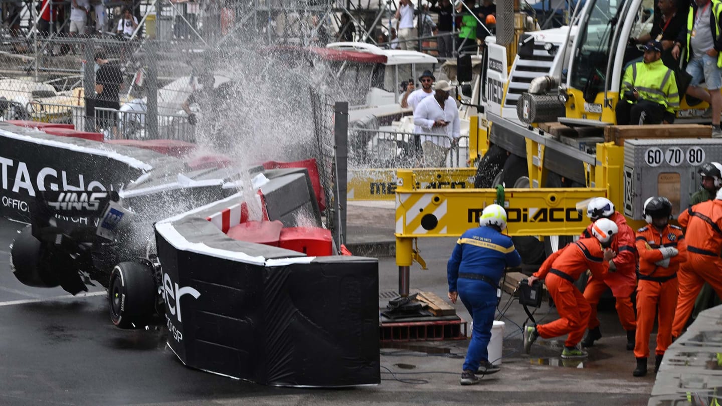 Haas F1 Team's German driver Mick Schumacher crashes during the Monaco Formula 1 Grand Prix at the Monaco street circuit in Monaco, on May 29, 2022. (Photo by CHRISTIAN BRUNA / AFP) (Photo by CHRISTIAN BRUNA/AFP via Getty Images)