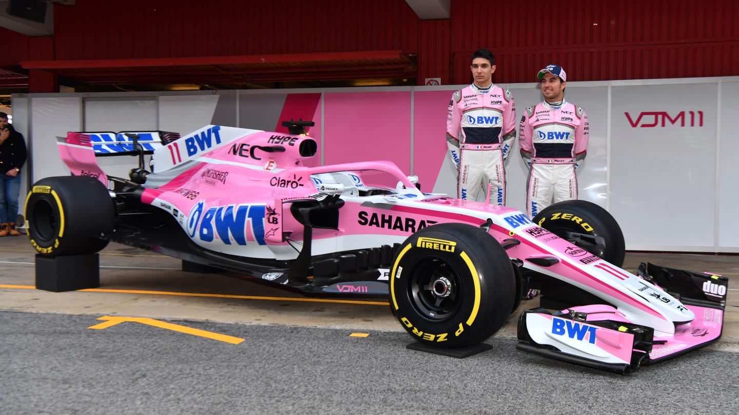 Sergio Perez (MEX) Force India F1 and Esteban Ocon (FRA) Force India F1 with the new Force India VJM11 at Formula One Testing, Day One, Barcelona, Spain, 26 February 2018. © Sutton Images