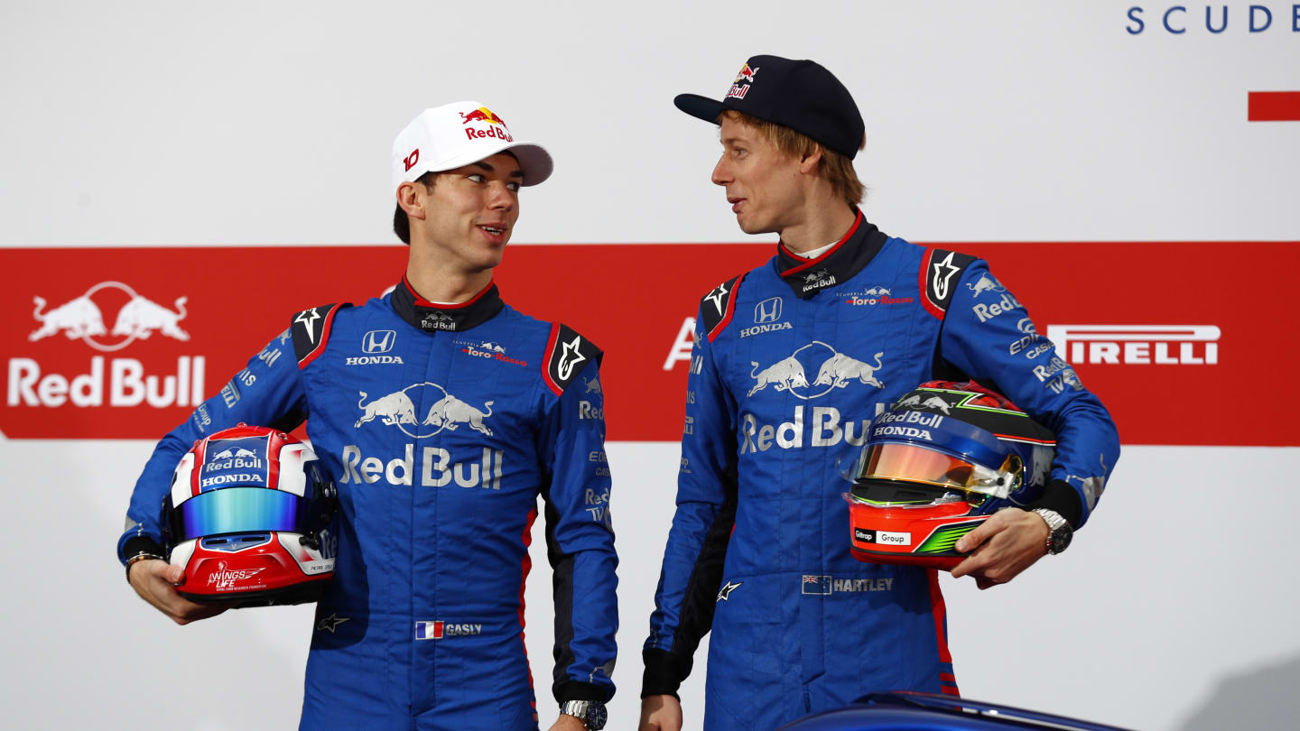 Pierre Gasly (FRA) Scuderia Toro Rosso and Brendon Hartley (NZL) Scuderia Toro Rosso at Formula One Testing, Day One, Barcelona, Spain, 26 February 2018. © Sutton Images