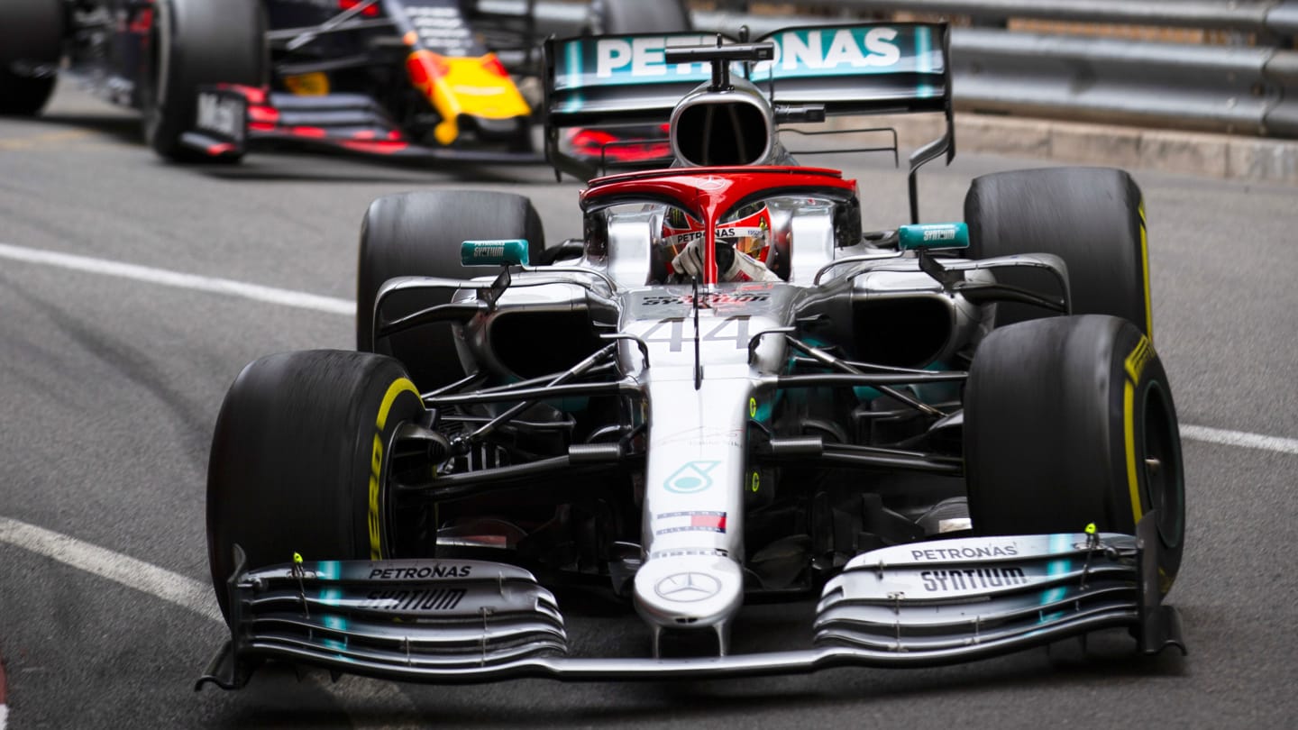 MONTE CARLO, MONACO - MAY 26: Lewis Hamilton, Mercedes AMG F1 W10, leads Max Verstappen, Red Bull