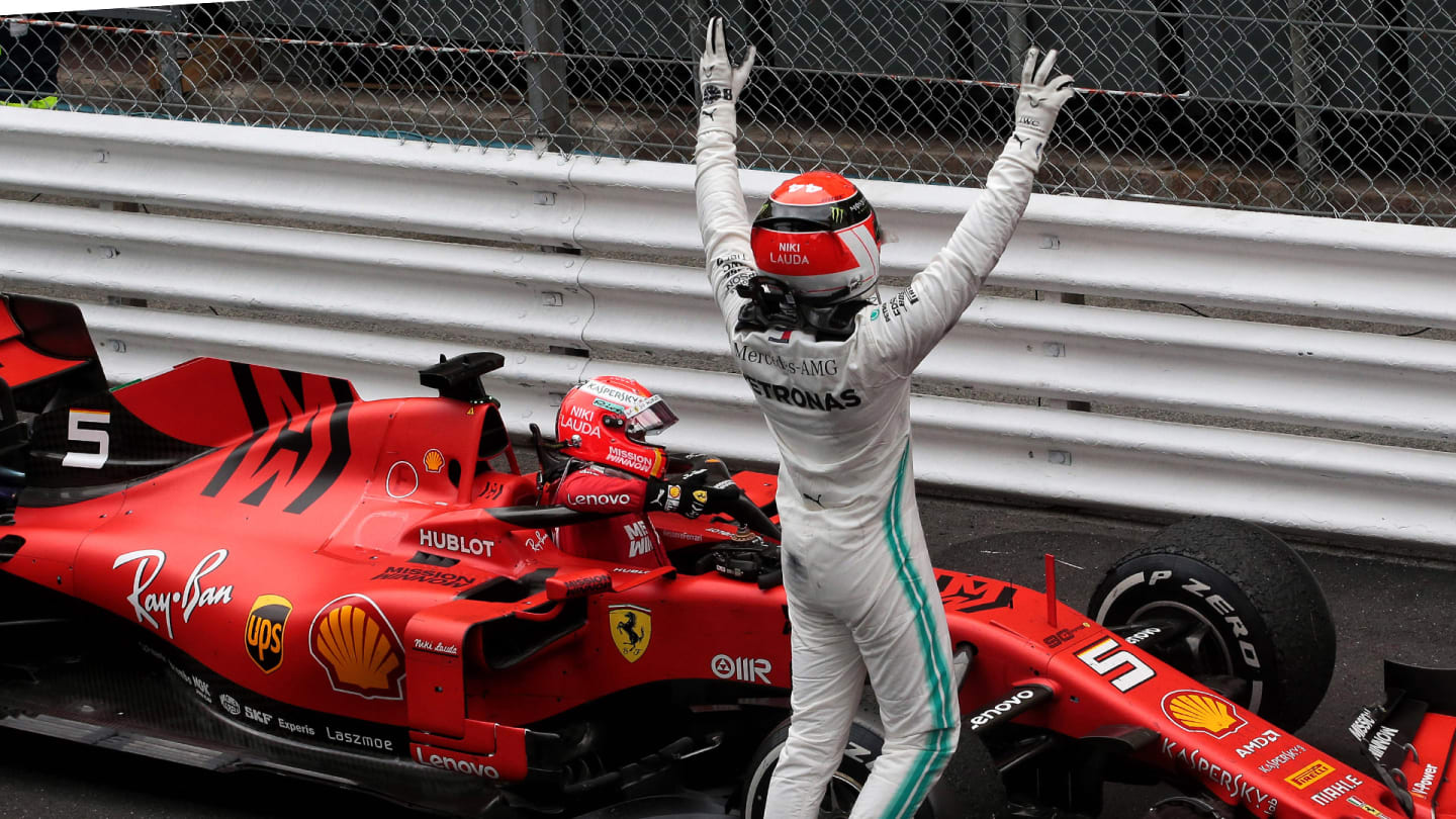 Race winner Lewis Hamilton (GBR) Mercedes AMG F1 W10 celebrates in parc ferme with second placed