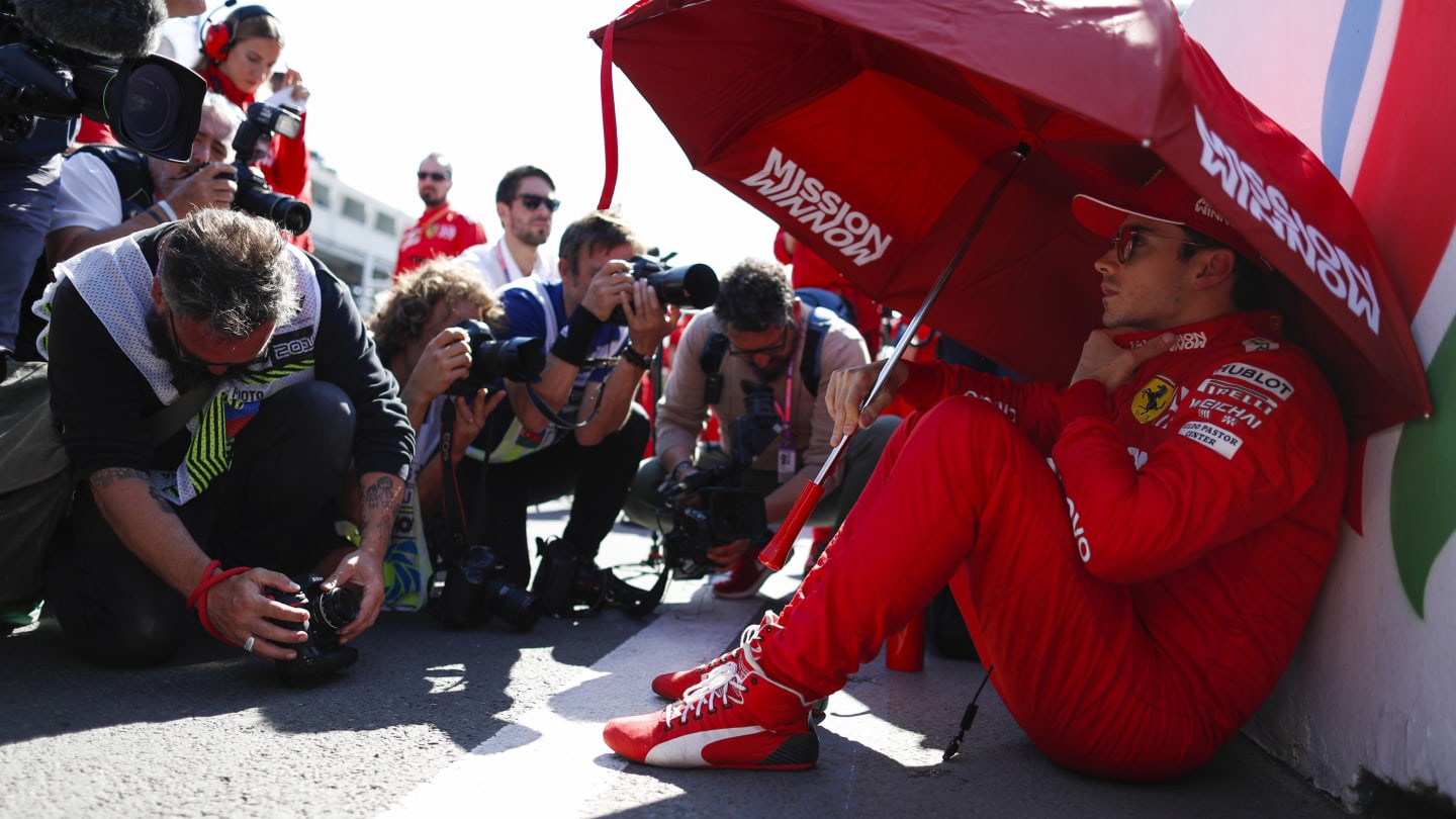 BAKU CITY CIRCUIT, AZERBAIJAN - APRIL 28: Charles Leclerc, Ferrari, on the grid during the Azerbaijan GP at Baku City Circuit on April 28, 2019 in Baku City Circuit, Azerbaijan. (Photo by Zak Mauger / LAT Images)