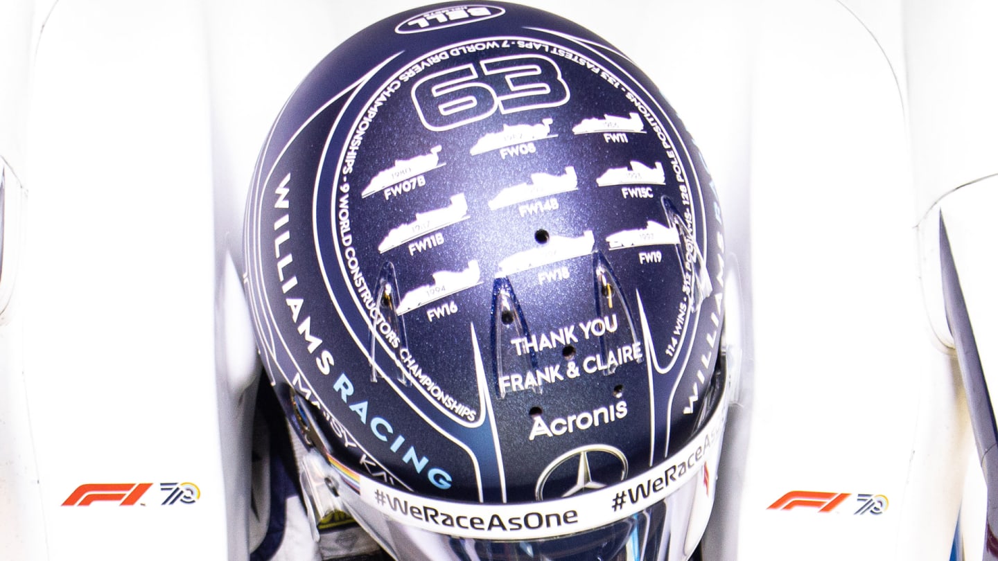 Printed on the top of the helmet is the 'Thank you Frank and Claire' message that pays tribute to the founder and also the former deputy Team Principal of the team