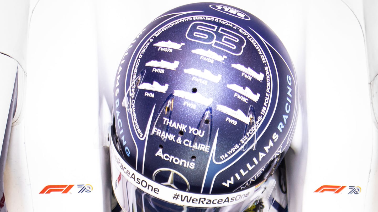 The helmet also features the number of podiums, wins and fastest laps that Williams have achieved