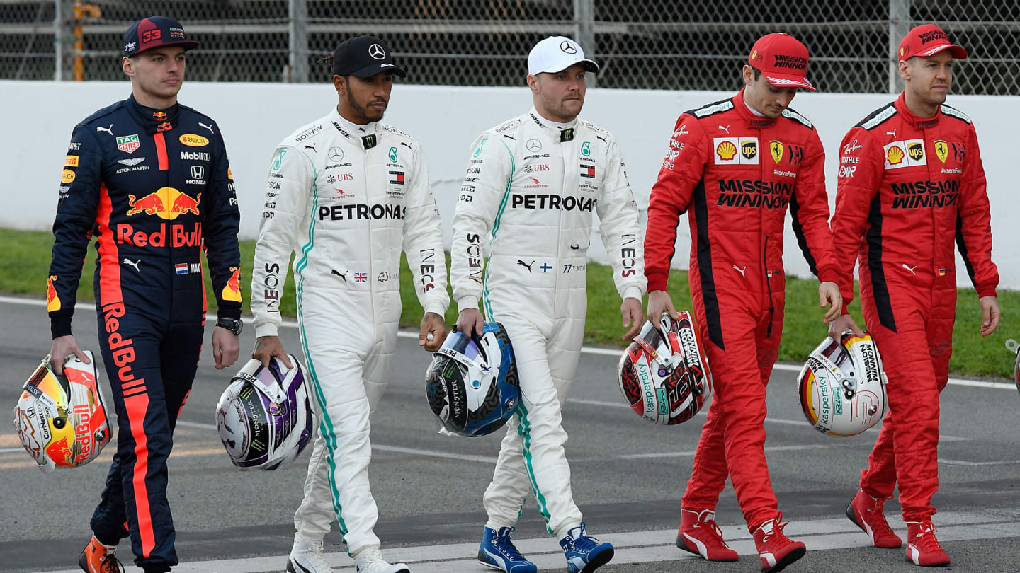 (L to R) Red Bull Racing's Belgian driver Max Verstappen, Mercedes' British driver Lewis Hamilton,