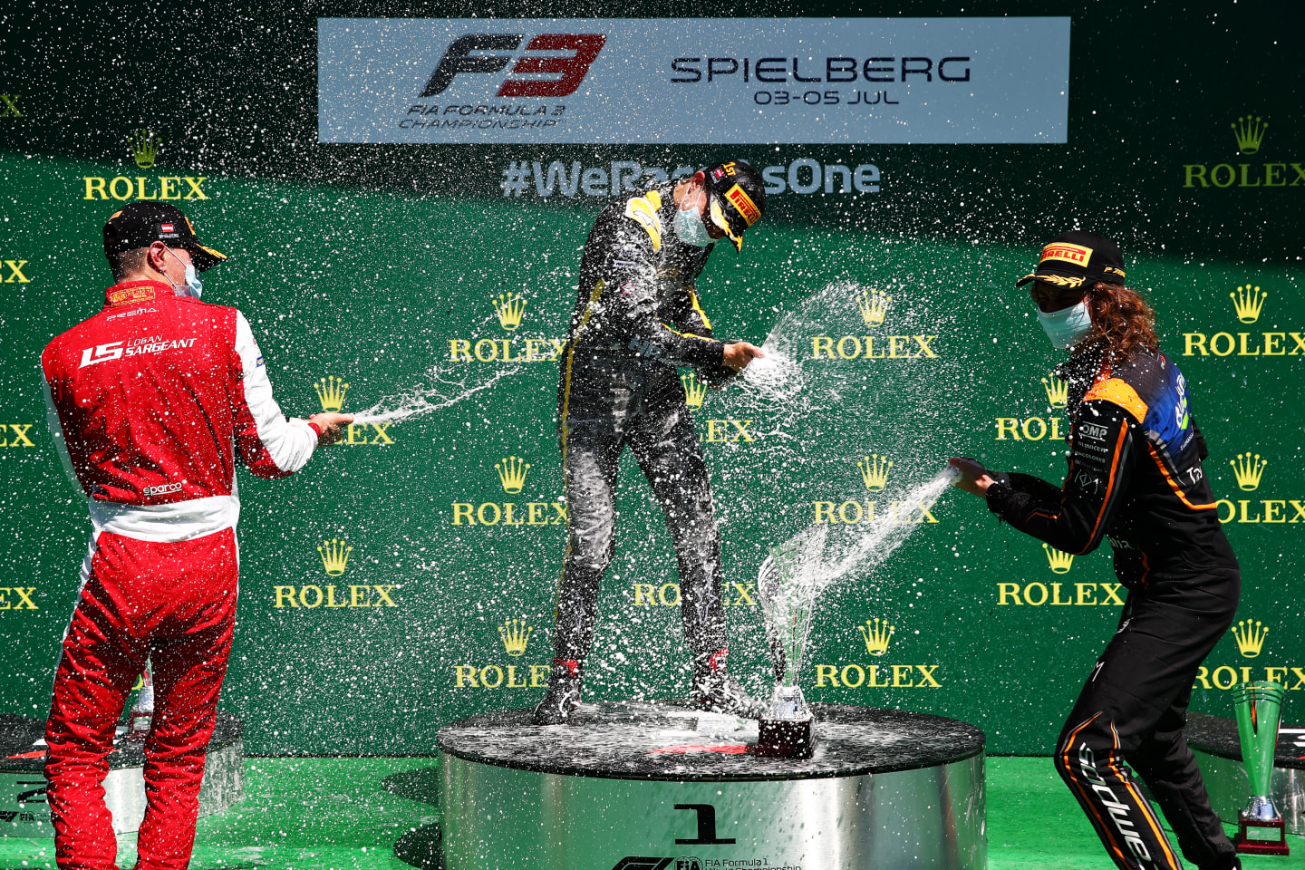 SPIELBERG, AUSTRIA - JULY 04: Race winner Oscar Piastri of Australia and Prema Racing (centre),