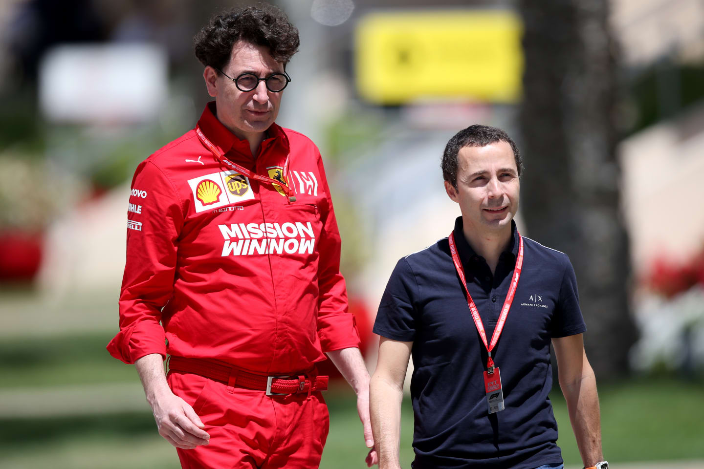 BAHRAIN, BAHRAIN - MARCH 29: Ferrari Team Principal Mattia Binotto talks with Nicholas Todt in the