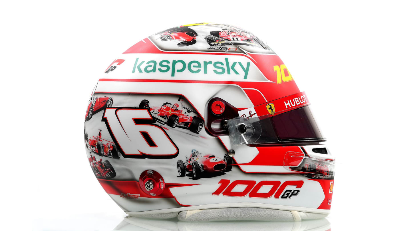 Charles Leclerc's helmet pays tribute to Ferrari's most famous cars and drivers...
