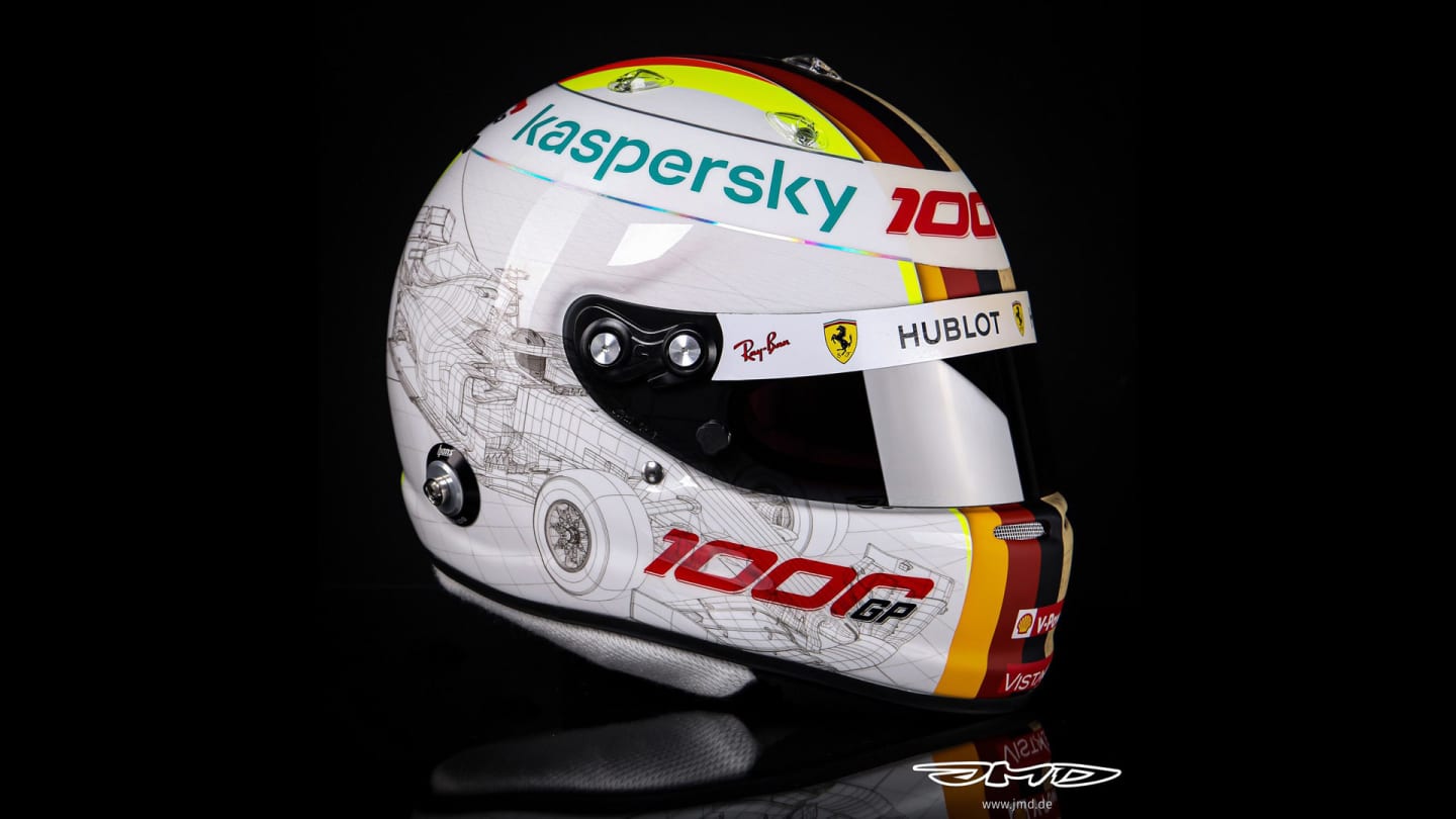 Sebastian Vettel's helmet design is adorned with drawings of the latest SF1000...