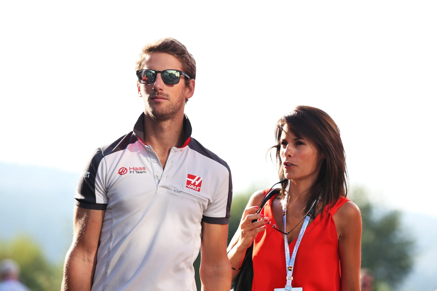 SPA, BELGIUM - AUGUST 27:  Romain Grosjean of France and Haas F1 walks with wife Marion Jollès