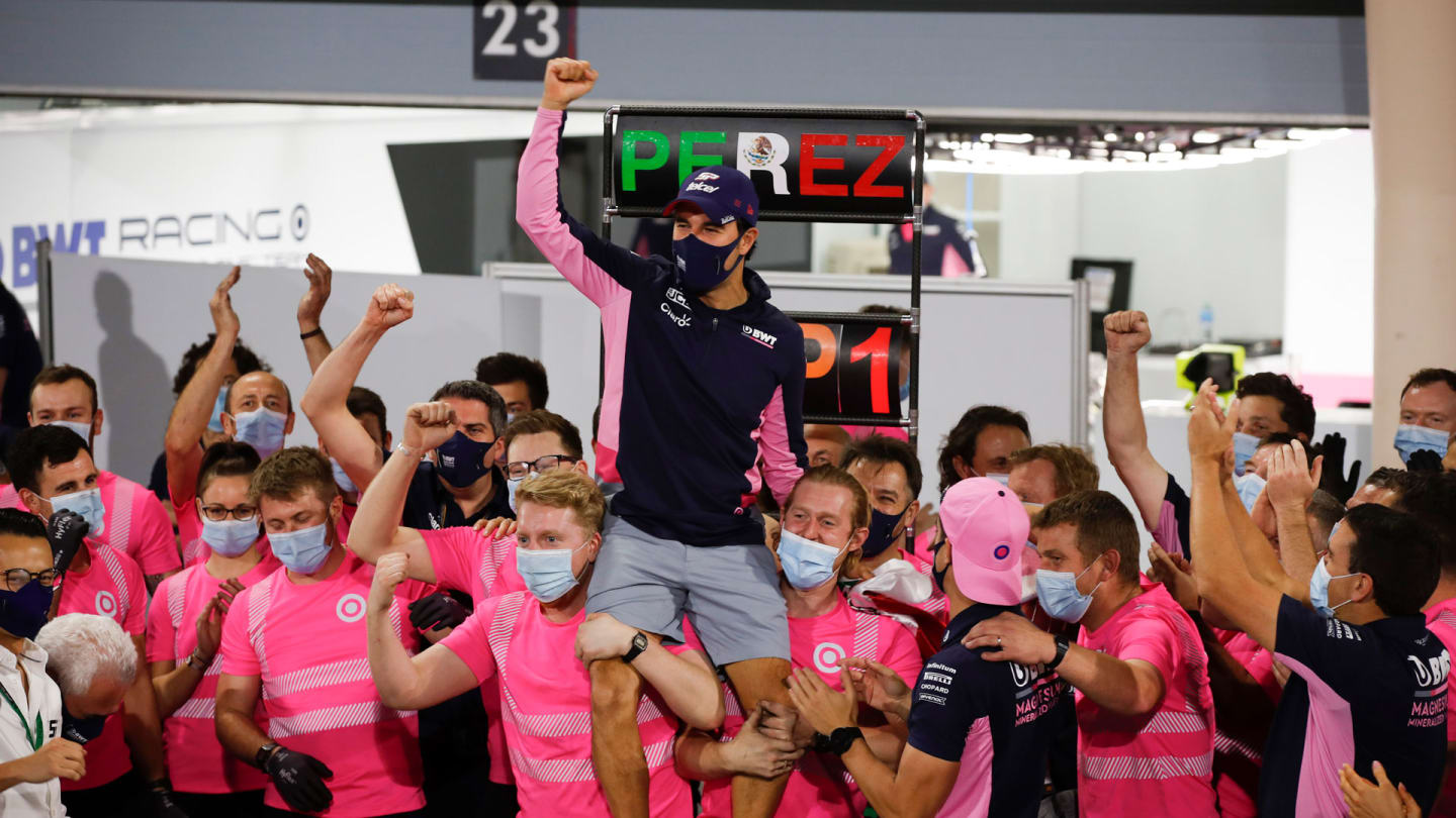 Sergio Perez, Racing Point, 1st position, celebrates with his