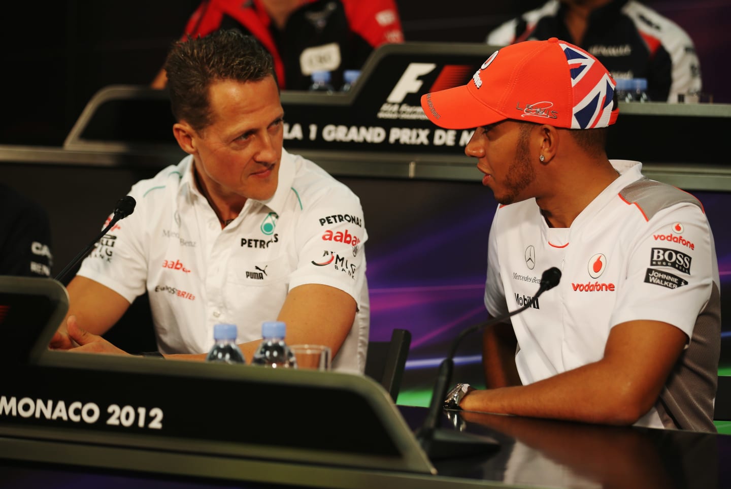 MONTE CARLO, MONACO - MAY 23:  Lewis Hamilton (R) of Great Britain and McLaren talks with Michael
