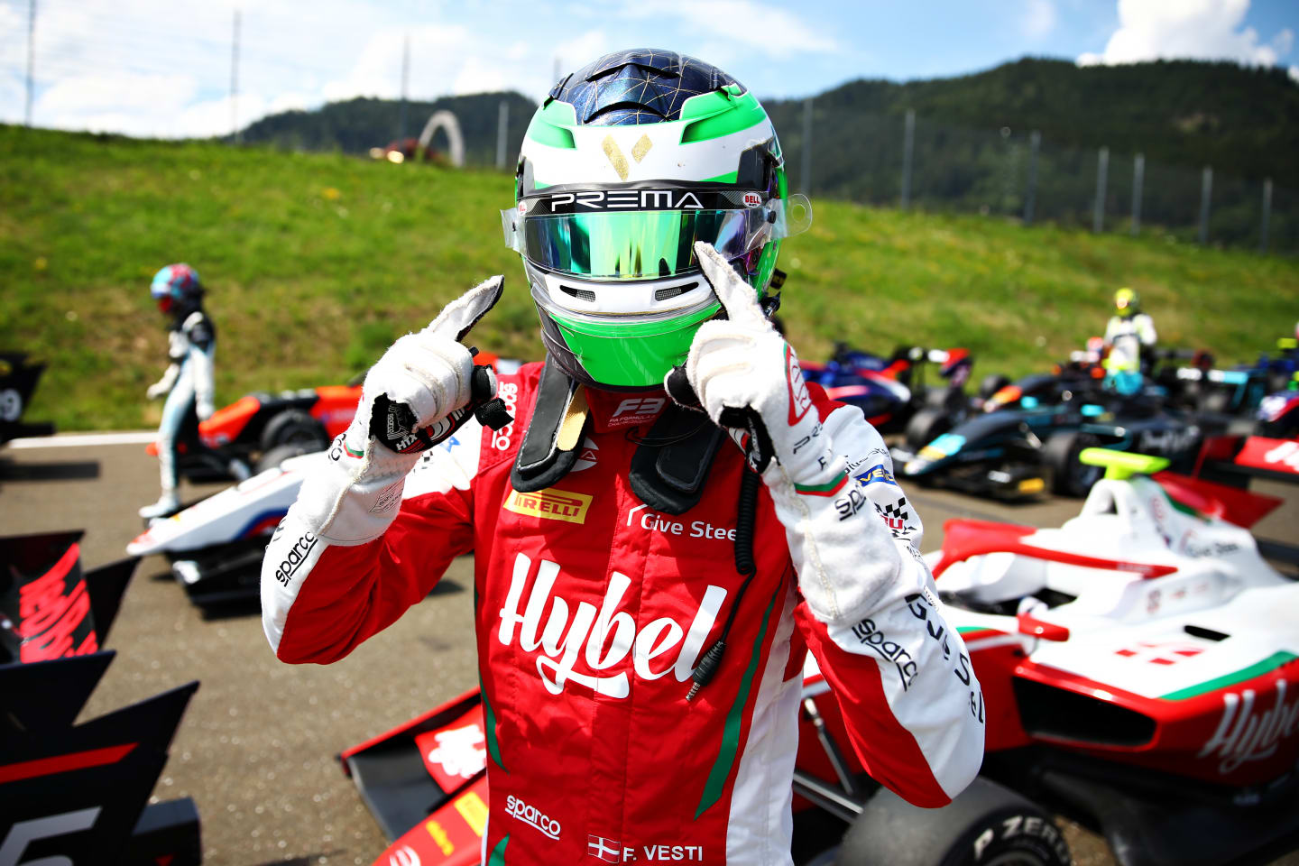 SPIELBERG, AUSTRIA - JULY 10: Frederik Vesti of Denmark and Prema Racing celebrates qualifying on