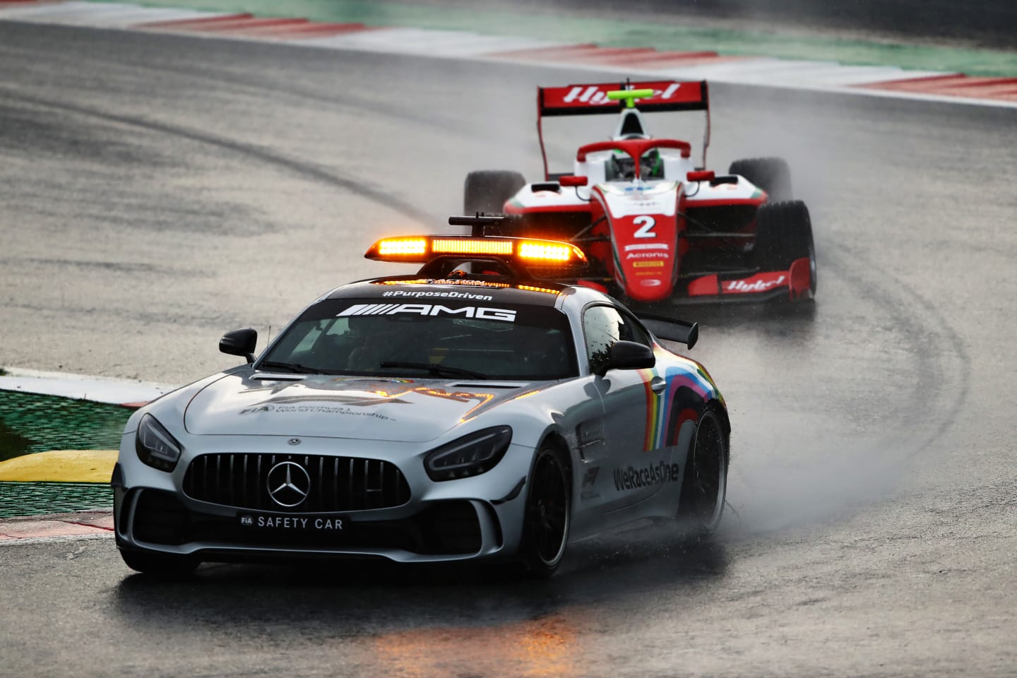 SPIELBERG, AUSTRIA - JULY 11: The safety car leads Frederik Vesti of Denmark and Prema Racing (2)