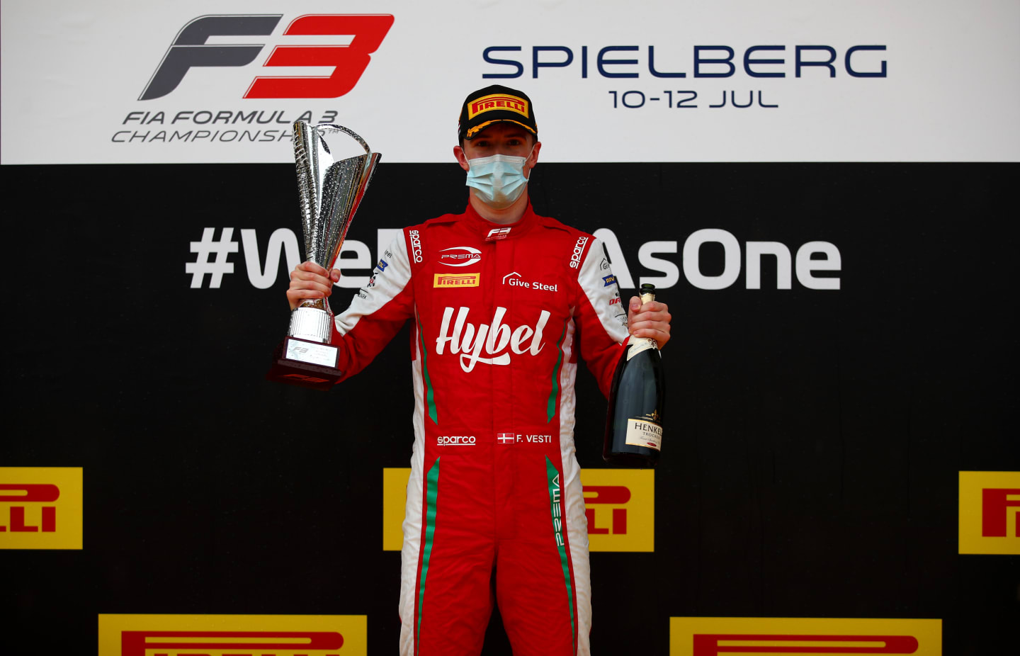 SPIELBERG, AUSTRIA - JULY 11: Race winner Frederik Vesti of Denmark and Prema Racing celebrates on