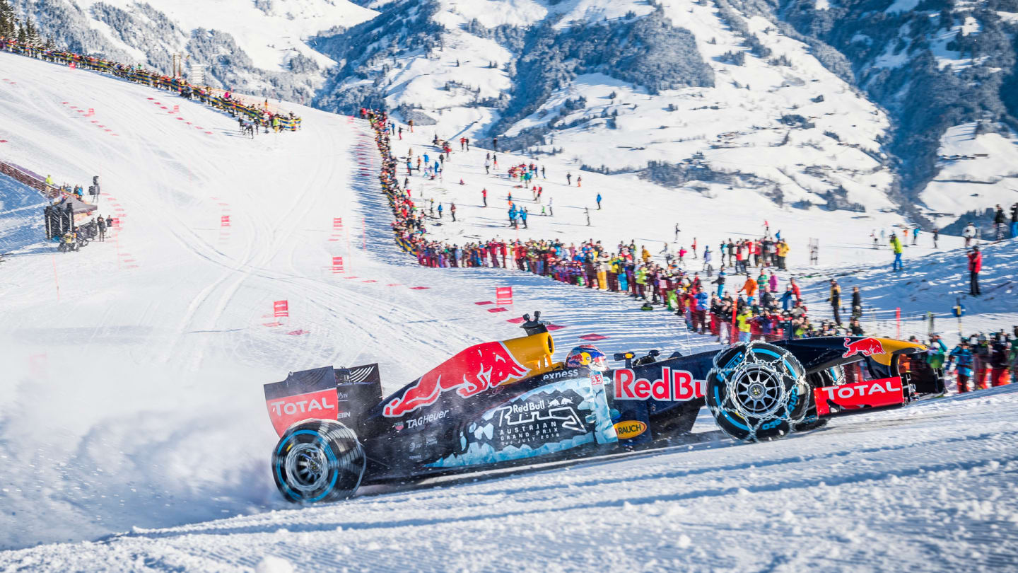 Max Verstappen performs during the F1 Showrun at the Hahnenkamm in Kitzbuehel, Austria on January