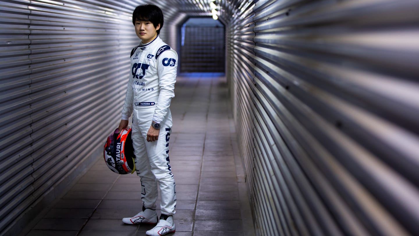 Yuki Tsunoda of Japan poses for a portrait during his first F1 test at Autodromo Enzo e Dino