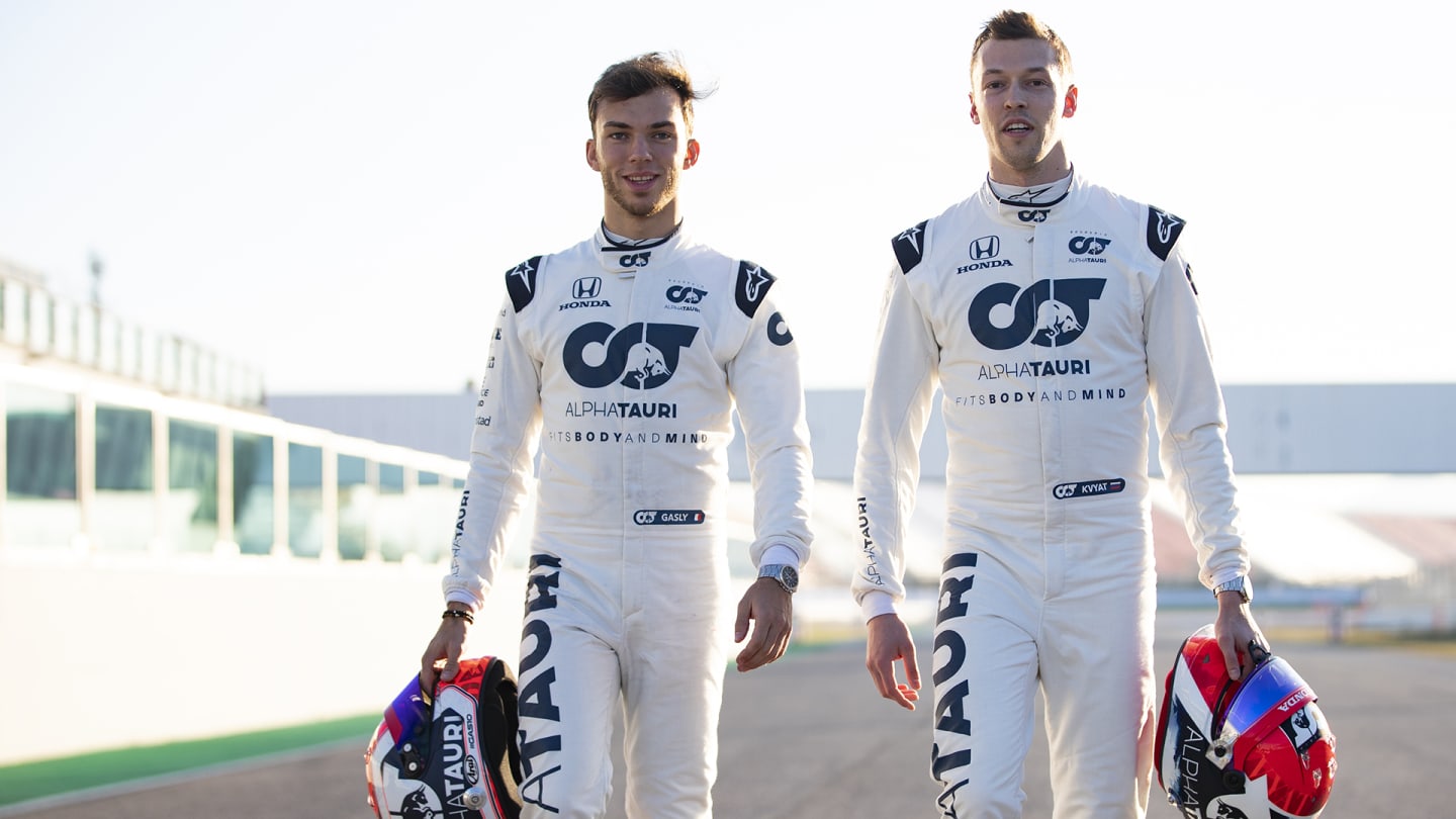 Pierre Gasly of France, Danil Kvyat of Russia and Scuderia AlphaTauri seen during the filming day