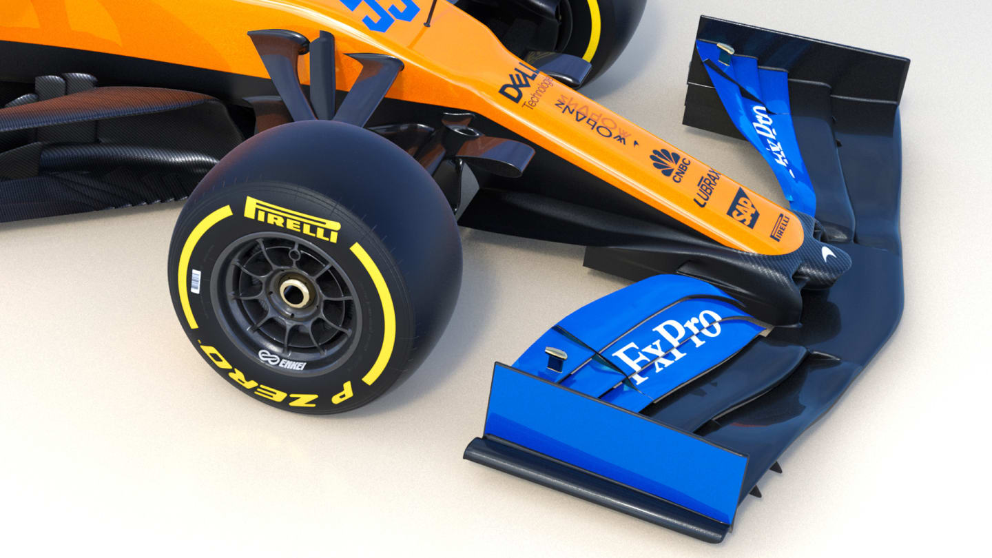 The 2019 MCL34 front wing, for comparison