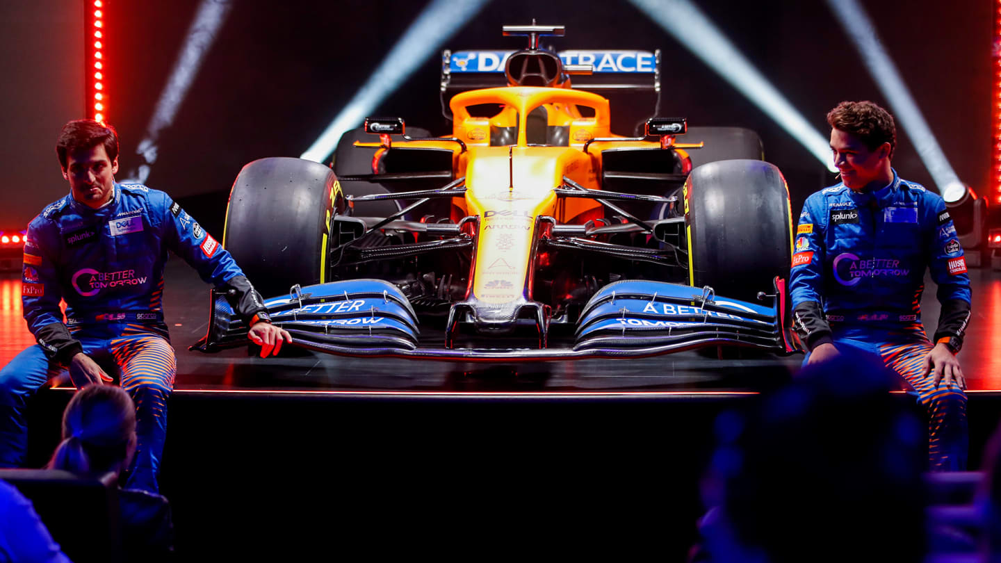 Lando Norris and Carlos Sainz at the MCL35 launch. 13 February