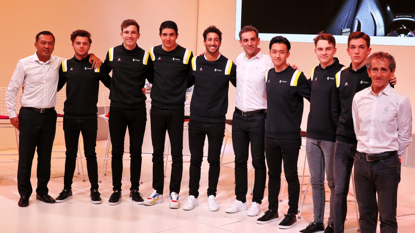 Esteban Ocon and Daniel Ricciardo, alongside key Renault team personnel and members of the Renault Sport Academy, at the season launch in Paris