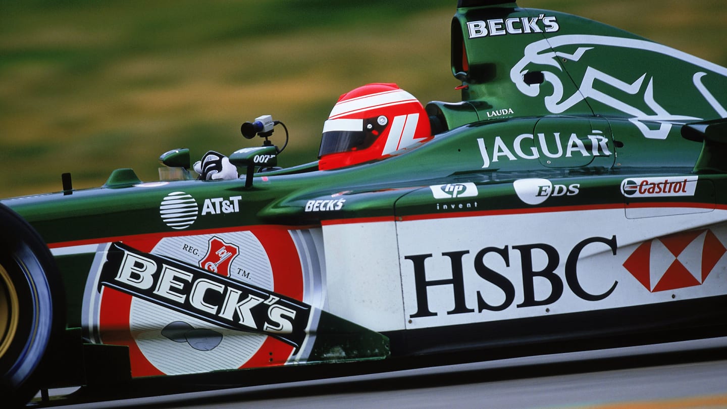 14 Jan 2002:  Jaguar Racing team principle Niki Lauda test drives the new car during the Formula