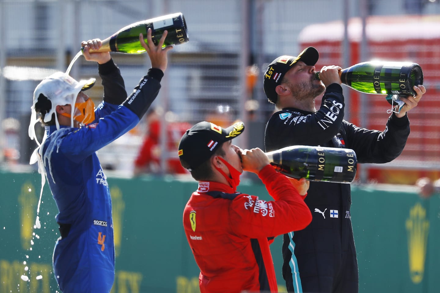 SPIELBERG, AUSTRIA - JULY 05: Race winner Valtteri Bottas of Finland and Mercedes GP, second placed