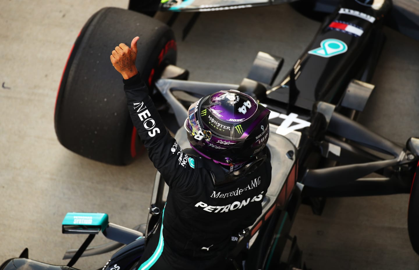 SOCHI, RUSSIA - SEPTEMBER 26: Pole position qualifier Lewis Hamilton of Great Britain and Mercedes