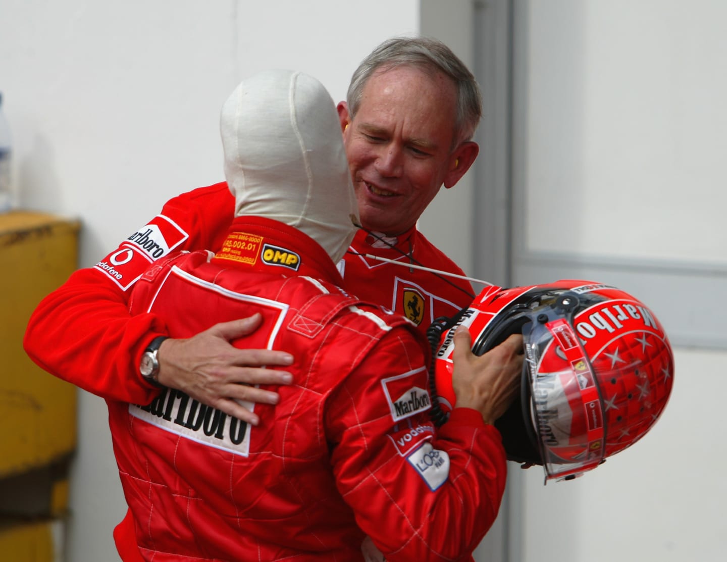 IMOLA - APRIL 14:  Ferrari driver Michael Schumacher of Germany celebrates victory with Ferrari