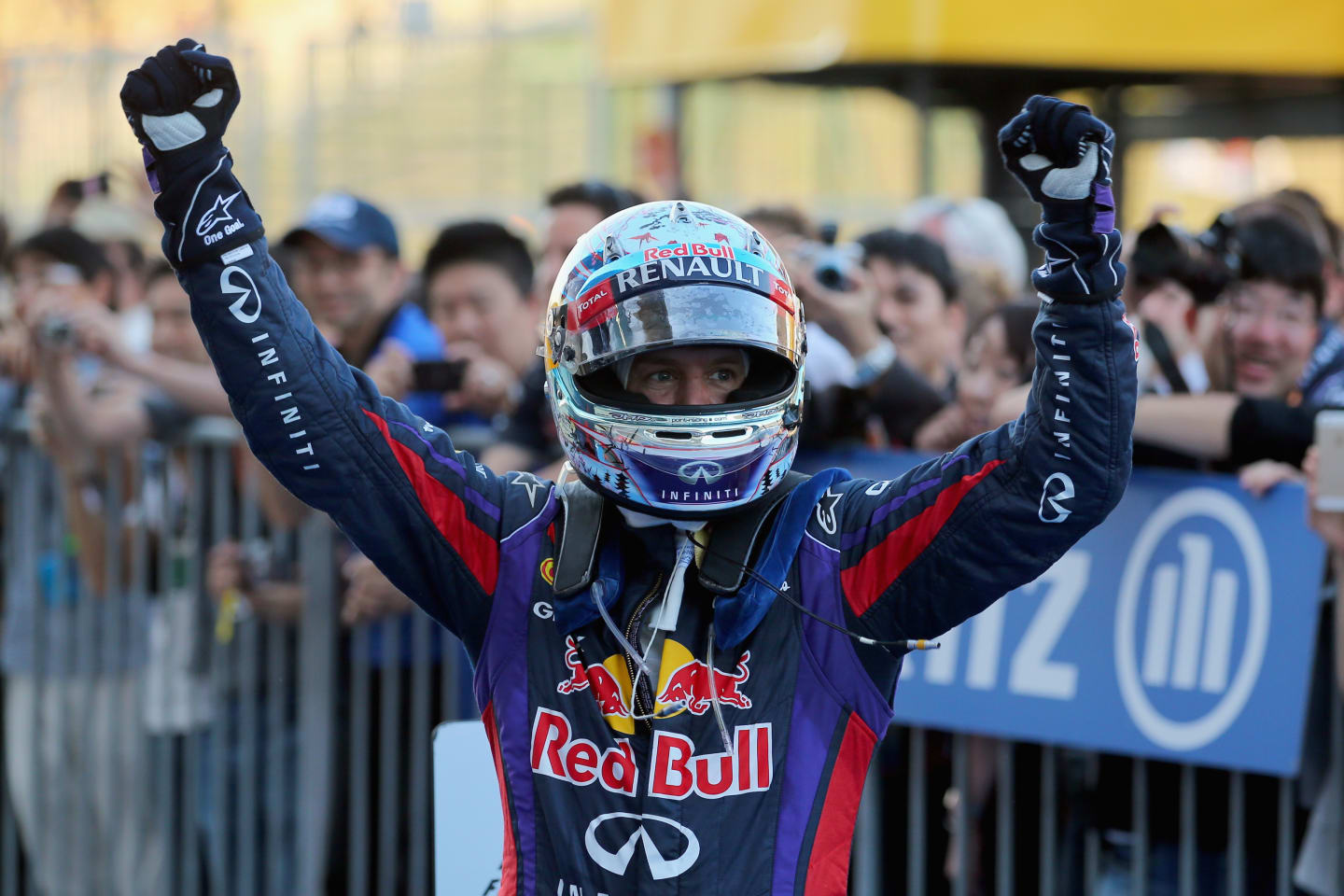 SUZUKA, JAPAN - OCTOBER 13:  Sebastian Vettel of Germany and Infiniti Red Bull Racing celebrates in