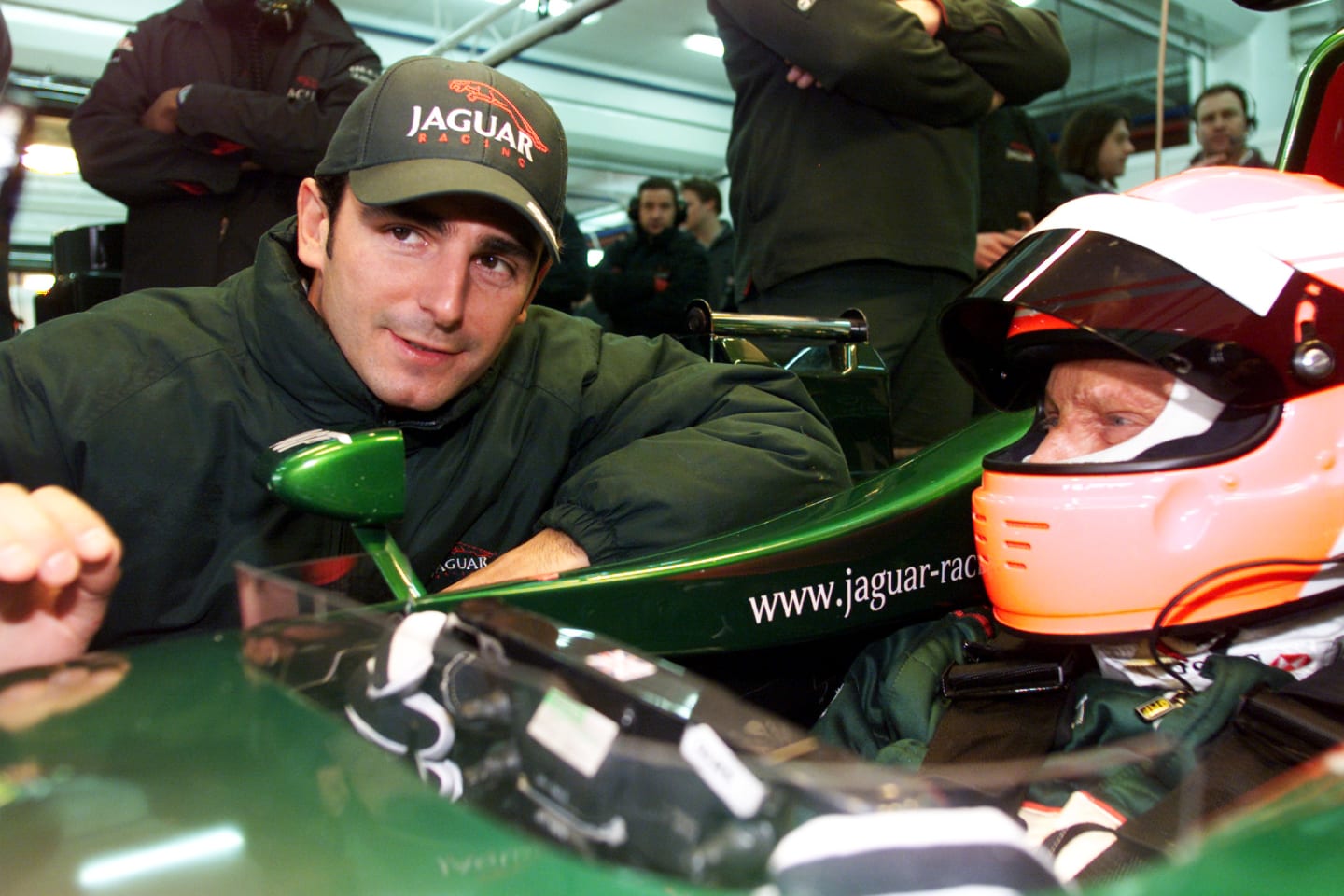 "14 Jan 2002:  Jaguar Racing team principle Niki Lauda prepares to test the car out and shares his