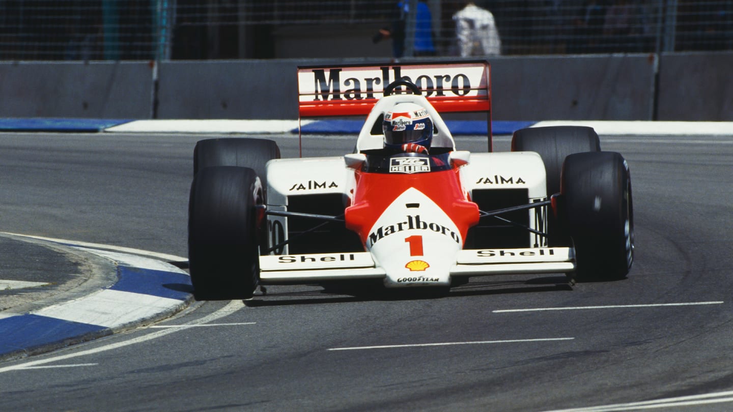Alain Prost of France drives the #1 Marlboro McLaren International McLaren MP4/2C TAG V8 turbo