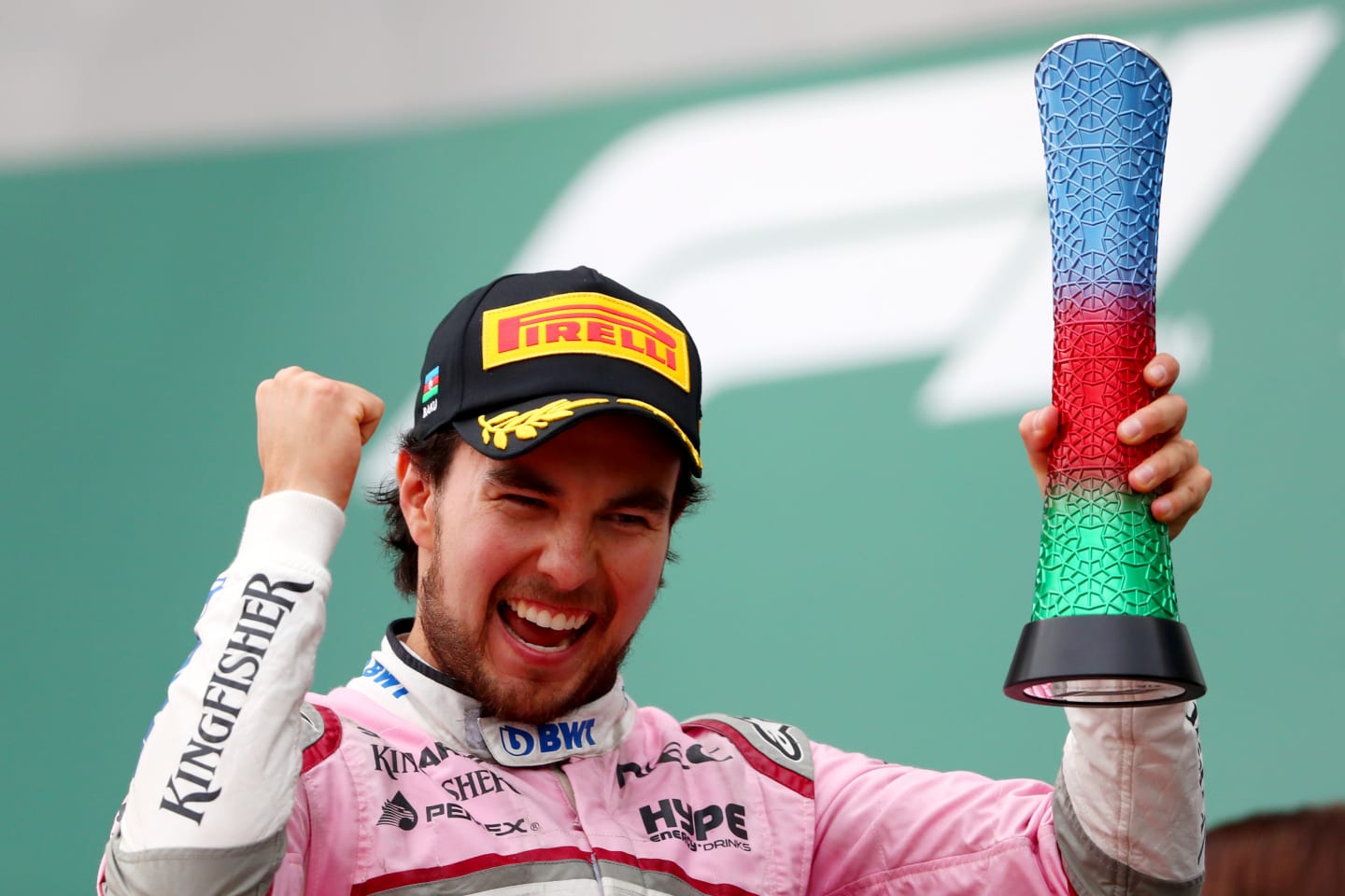BAKU, AZERBAIJAN - APRIL 29:  Third place finisher Sergio Perez of Mexico and Force India