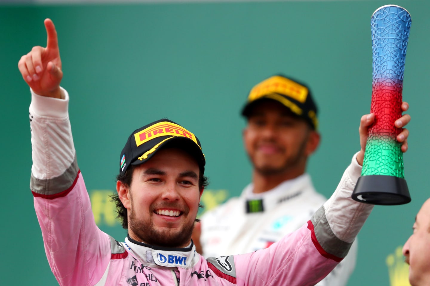 BAKU, AZERBAIJAN - APRIL 29:  Third place finisher Sergio Perez of Mexico and Force India