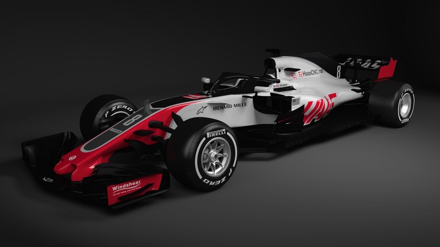 2018: First to reveal their new livery, Haas brought back white for the 2018 VF-18, which featured the new halo, and lost the sharkfin cover and T-wing in accordance to the new regulations.