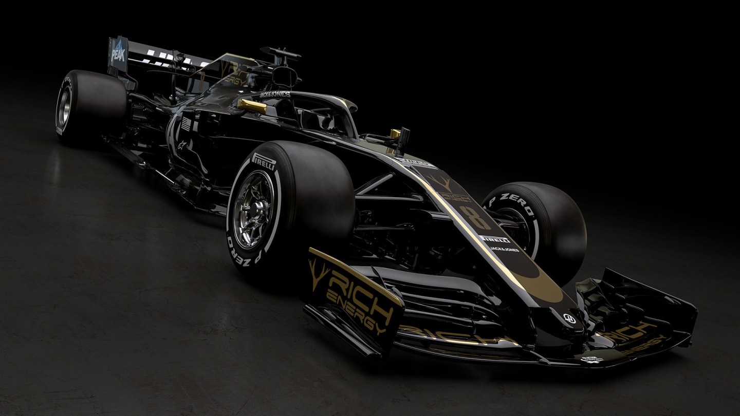 2019: This was a drastic change in livery for Haas as the VF-19 was unveiled in black and gold at London's Royal Automobile Club on February 7, 2019. The radical new scheme was all down to new title sponsor Rich Energy.