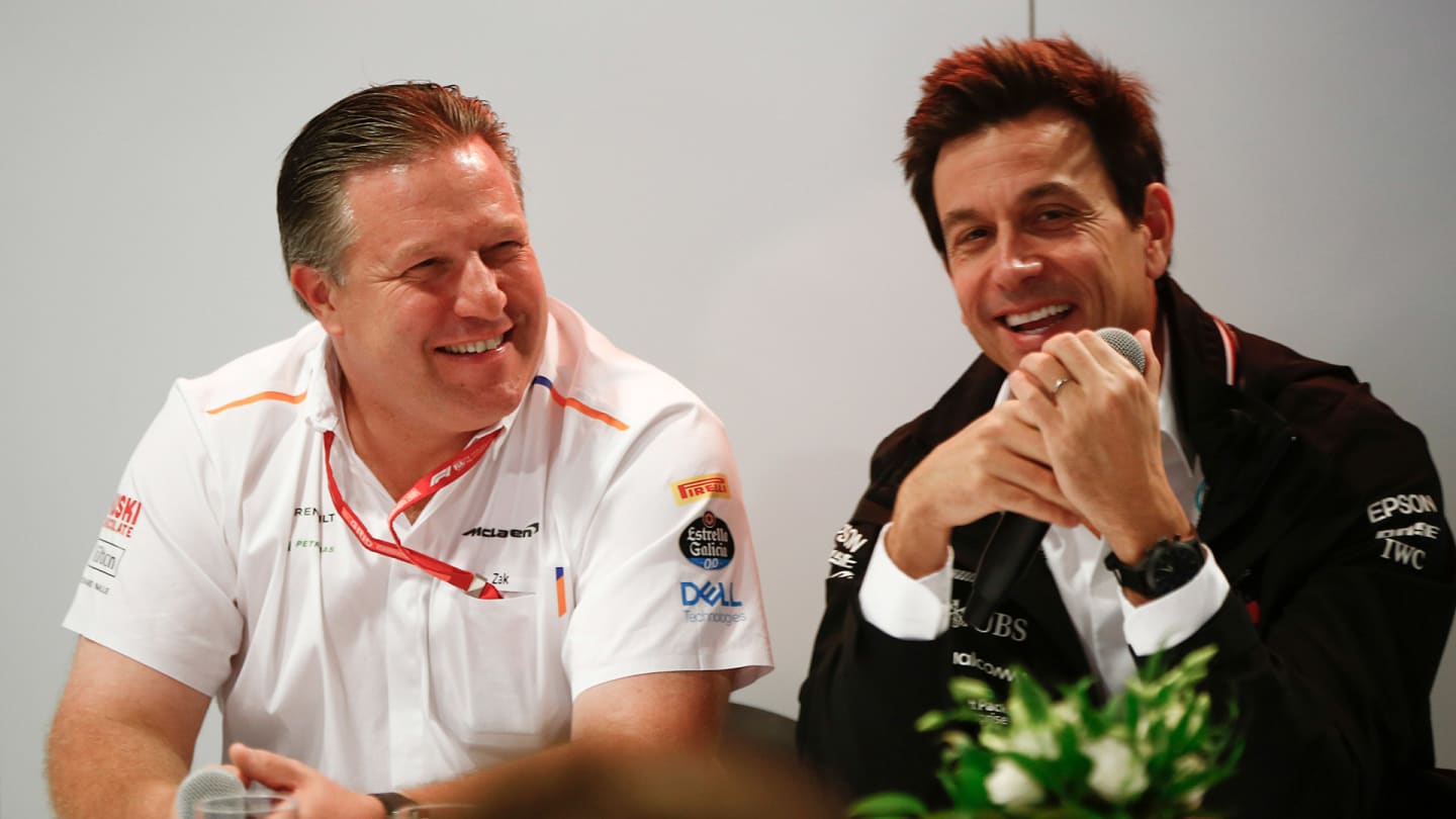 Zak Brown, Executive Director, McLaren, and Toto Wolff, Executive Director (Business), Mercedes