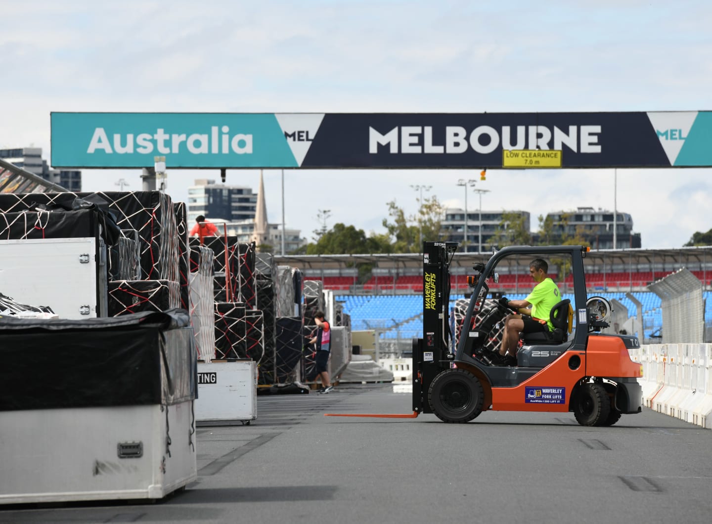 MELBOURNE, AUSTRALIA - MARCH 11: General view of the freight arrival as the teams begin setting up