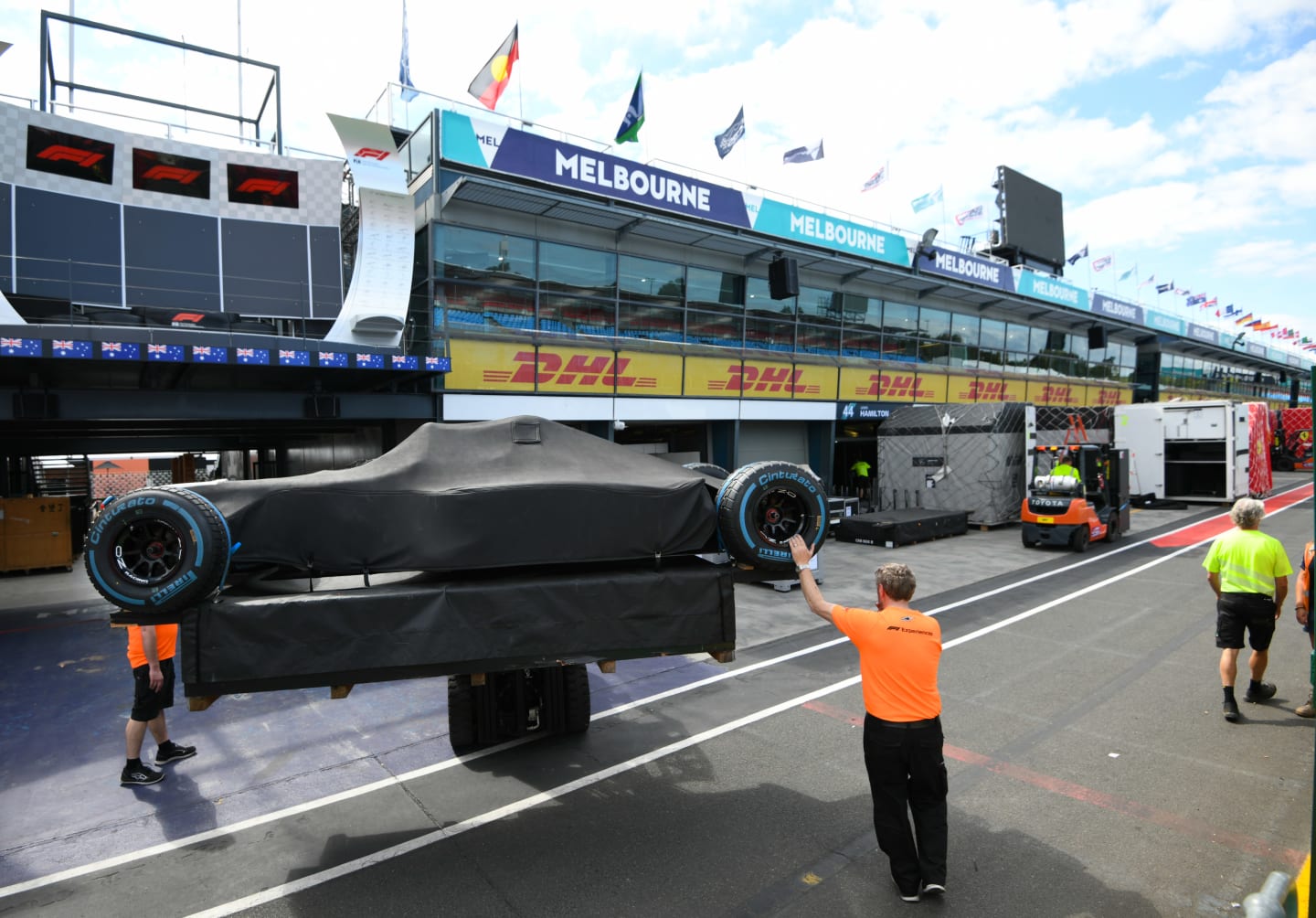 MELBOURNE, AUSTRALIA - MARCH 11: General view of the freight arrival as the teams begin setting up