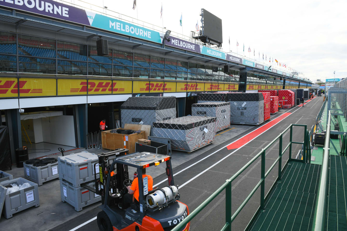 MELBOURNE, AUSTRALIA - MARCH 11: General view of the freight arrival as the teams begin setting up