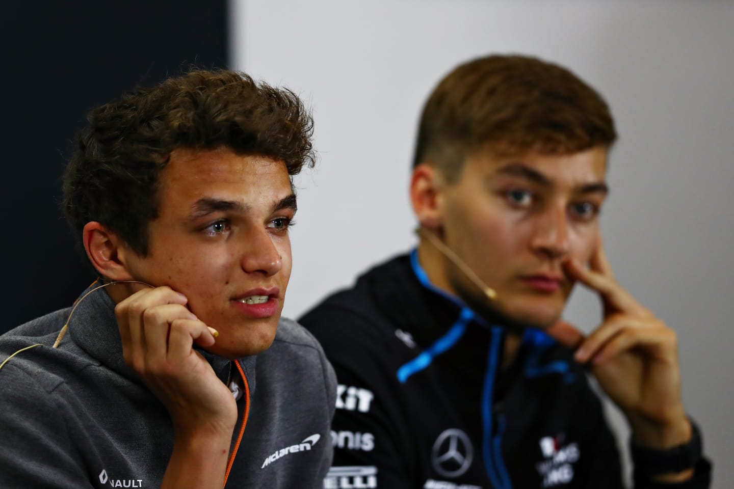 NORTHAMPTON, ENGLAND - JULY 11: Lando Norris of Great Britain and McLaren F1 and George Russell of