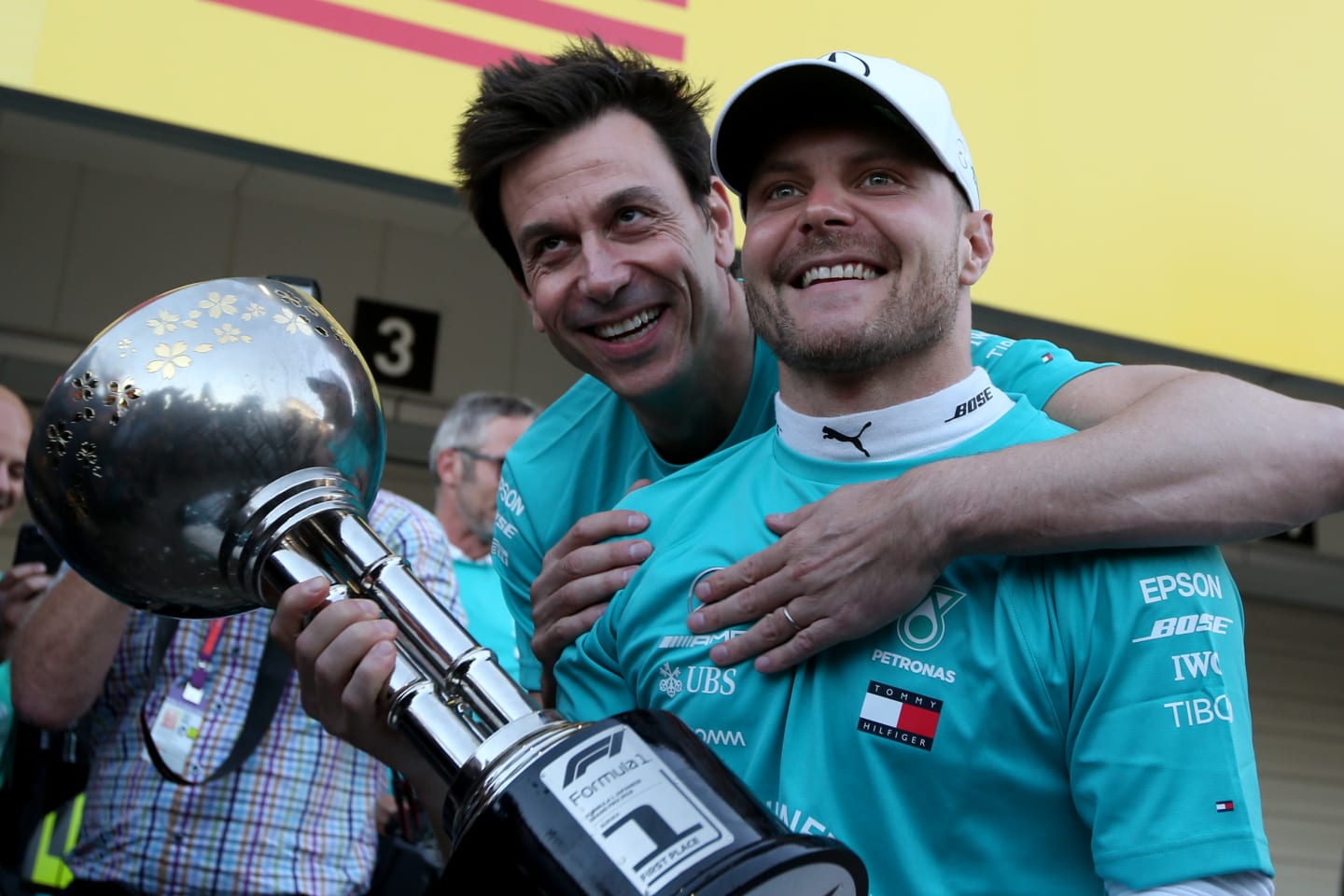 SUZUKA, JAPAN - OCTOBER 13: Race winner Valtteri Bottas of Finland and Mercedes GP celebrates with